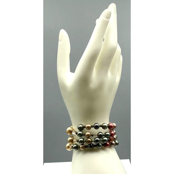 Colorful Faux Pearl Bracelet, Memory Wire 4 Wraps with Multicolored Beads - Picture 1 of 5